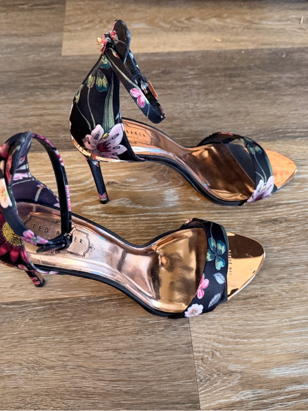 Ted Baker London Black Floral Ankle-Strap Stiletto Heels
